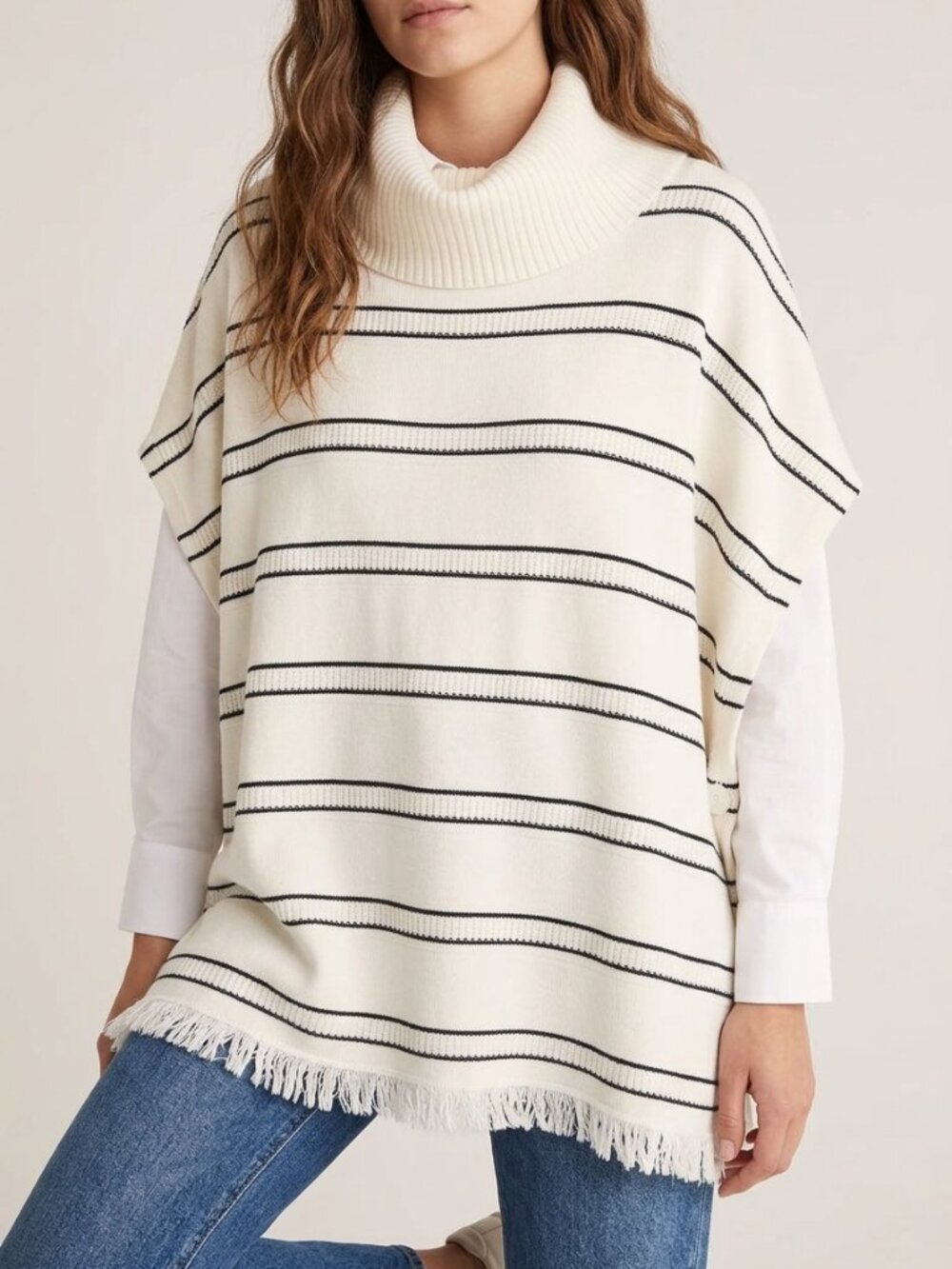 Talbots Cream Striped Cowl Neck Poncho Sweater Side Buttons & Fringe Trim M/L